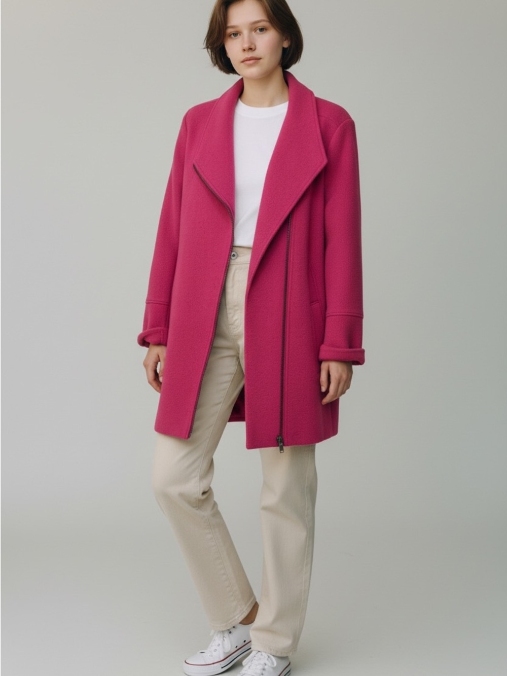 Women's Fuchsia Asymmetrical Zip, Mid-Length, Wool Blend Coat - Medium
